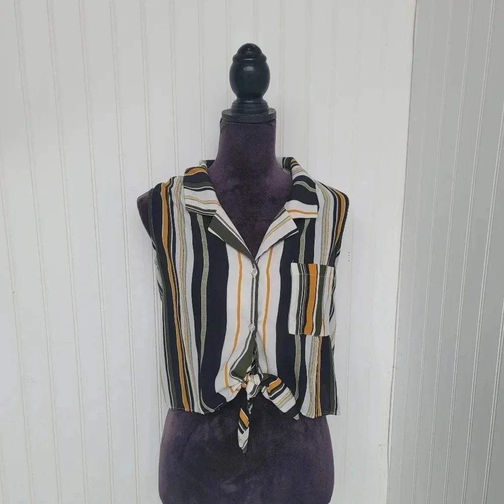 SHINESTAR Women's Green Yellow STRIPE CREPE SLEEVELESS TIE FRONT BLOUSE L